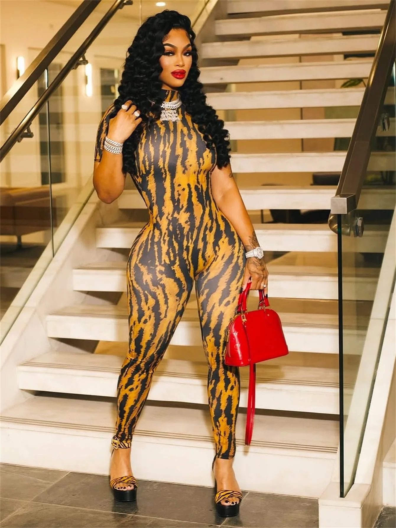 STYLISH LADY Stripe Print Jumpsuit 2026 Summer Women Mock Neck Short Sleeve Open Back Bodycon Sexy Club Party Jumpsuits
