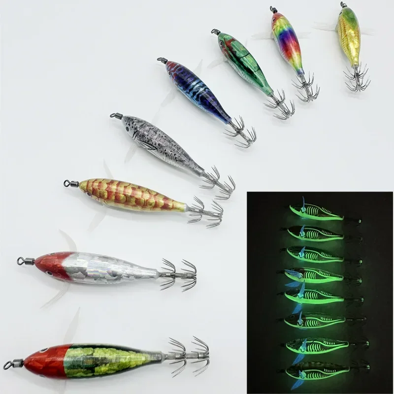 BRAVMACK 7er-Pack Garnelenköder, Angelköder mit Jigkopf, Tintenfisch-Jigköder, Leuchtender Schwanz, Salzwasser-Holz-Garnelenköder, Laser-Jig – Detail 2