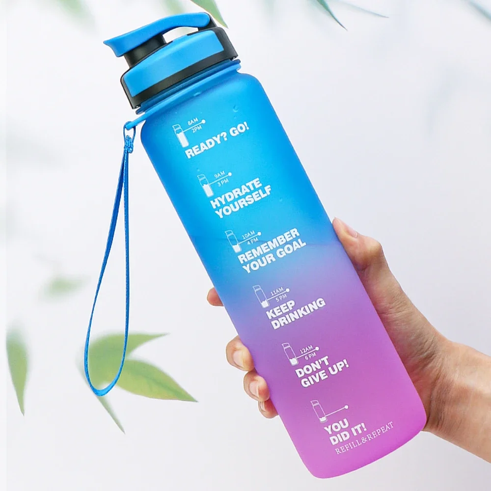 1000ML Portable Gradient Water Bottle For Sport High Quality Plastic Time Scale Frosted Travel Drinkware With Flter Screen