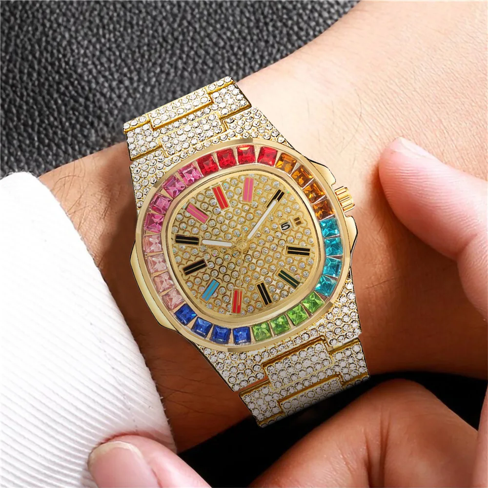 

Multicolor Mens Watch Top Brand for Men Women Luxury Iced Out Watch Gold Crystal Calendar Fashion Wrist watch Relogio Masculino