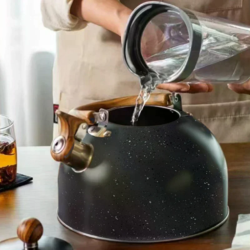 Whistling Tea Kettle, Tea Pots For Stove Top Food Grade Stainless Steel With Wood Pattern Folding Handle, Loud Whistle Kettle