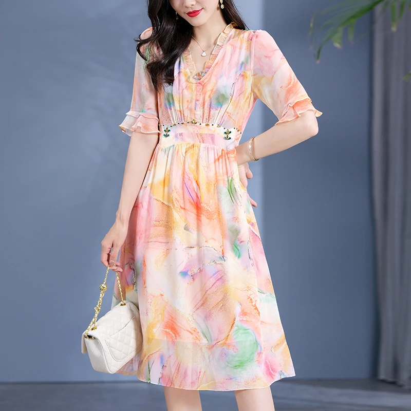 

New Elegant Fashion Dresses for Women Summer V-neck Diamonds High Waist Flare Sleeve Print 100% Real Silk Women's Long Dress