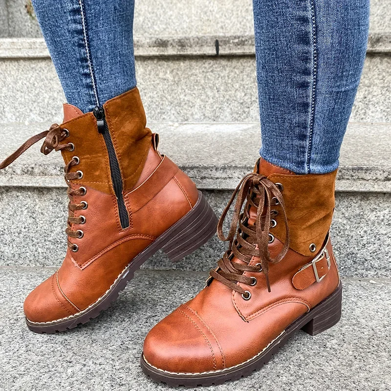 Autumn Vintage Ankle Boots Women New Solid Color Lace Up Casual Women\'s Shoes Female Square Heel Round Toe  Boots