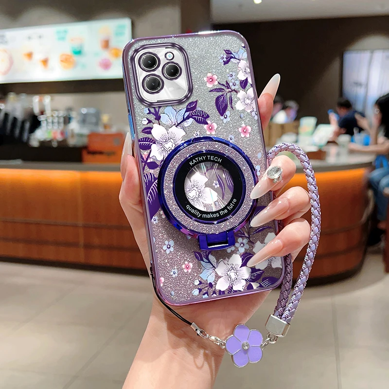 Hot40 Purple flowers Plating Bracelet Holder Phone Case For Infinix Hot 50Pro 30i 50 40Pro 30 40 PLAY 11S 12 30 11 20 Cover