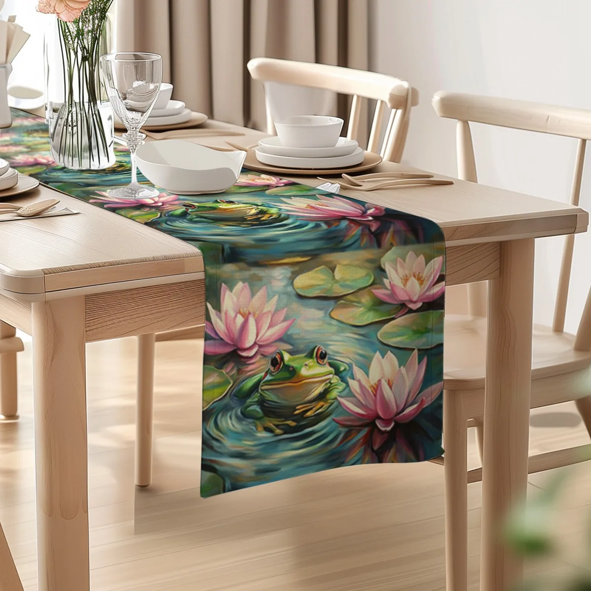 print table runner Summer Lotus Impressionism Long cloth Party Decor,Tabletop Protection,Dresser Scarf,Decorative Runner