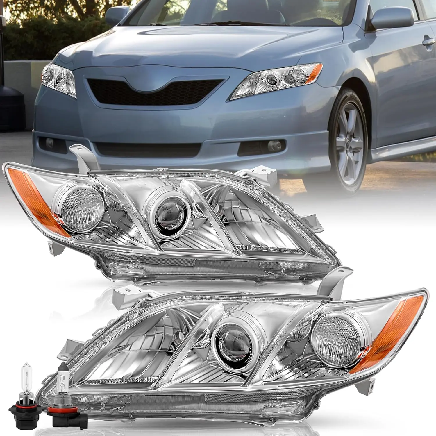

Headlight Assembly Fits For 2007 2008 2009 Toyota Camry Driver and Passenger Side (Chrome Housing with Amber Reflector) w/Bulbs