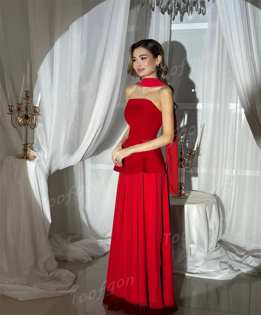 Toofgon مخصص بدون حمالات أحمر طويل فساتين لحضور الحفلات الموسيقية الطيات تنورة شالات ثوب مسائي رسمي ألف خط المرأة حفل زفاف الزي