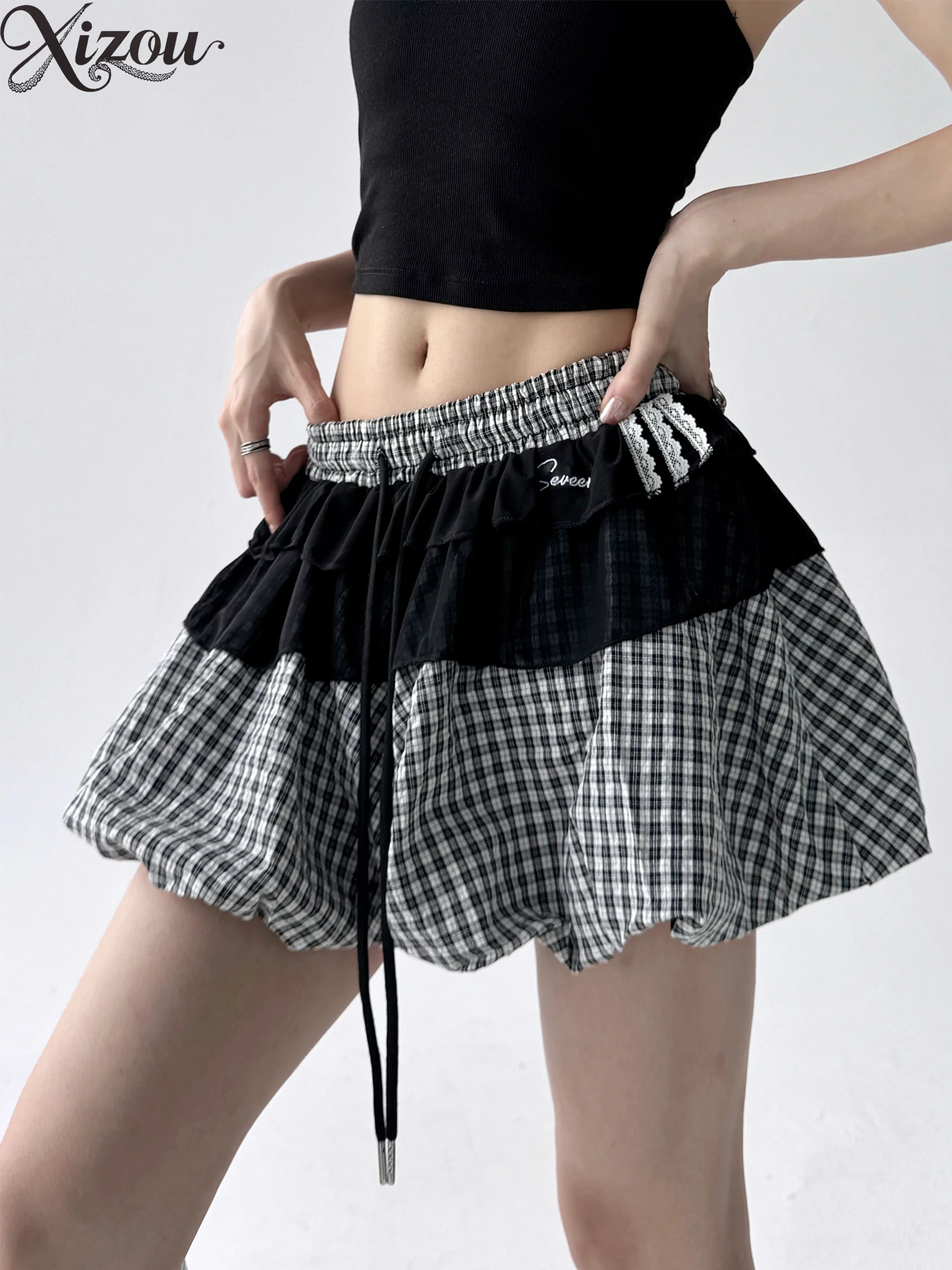 

2025 Summer Black White Plaid Pleated Skirt Y2K Vintage Bubble Mini A-Line Korean College Cake Sweet Streetwear High Waist Puffy