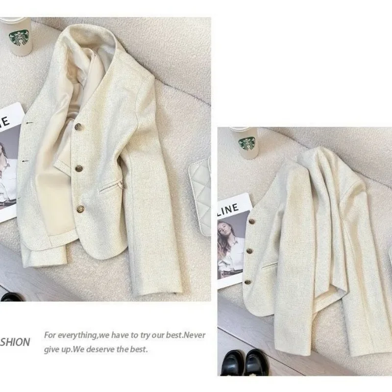 Spring Autumn V-neck Coat Women White Cropped Top Single-breasted Blazer Long Sleeves Jacket Mujer Office Lady Outerwear Trendy