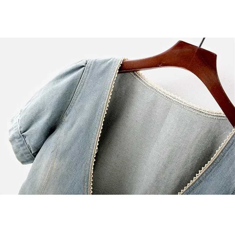 

Summer Fashion Short Sleeve Denim Jacket Coat Women Shawl Cardigan Outerwear Female Slim Lace Up V Neck Short Jeans Jackets