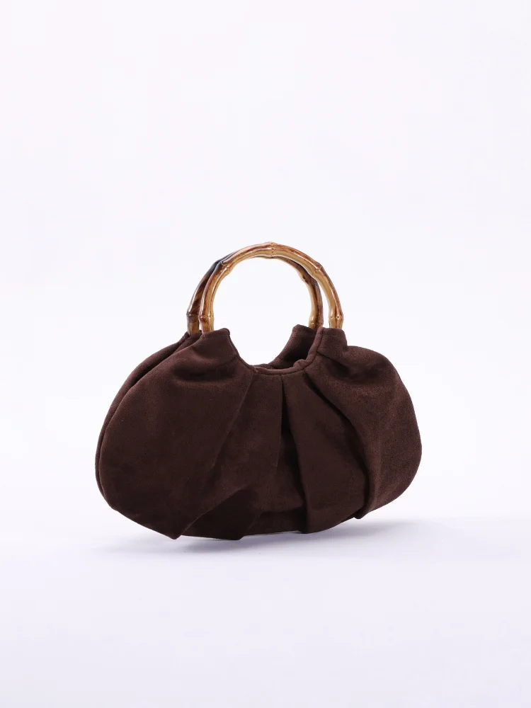 

2025 Trendy Pleated Design Women's Handbag Retro Bamboo Handle Boat Shaped Purse Soft Leather Velvet Tote Bag