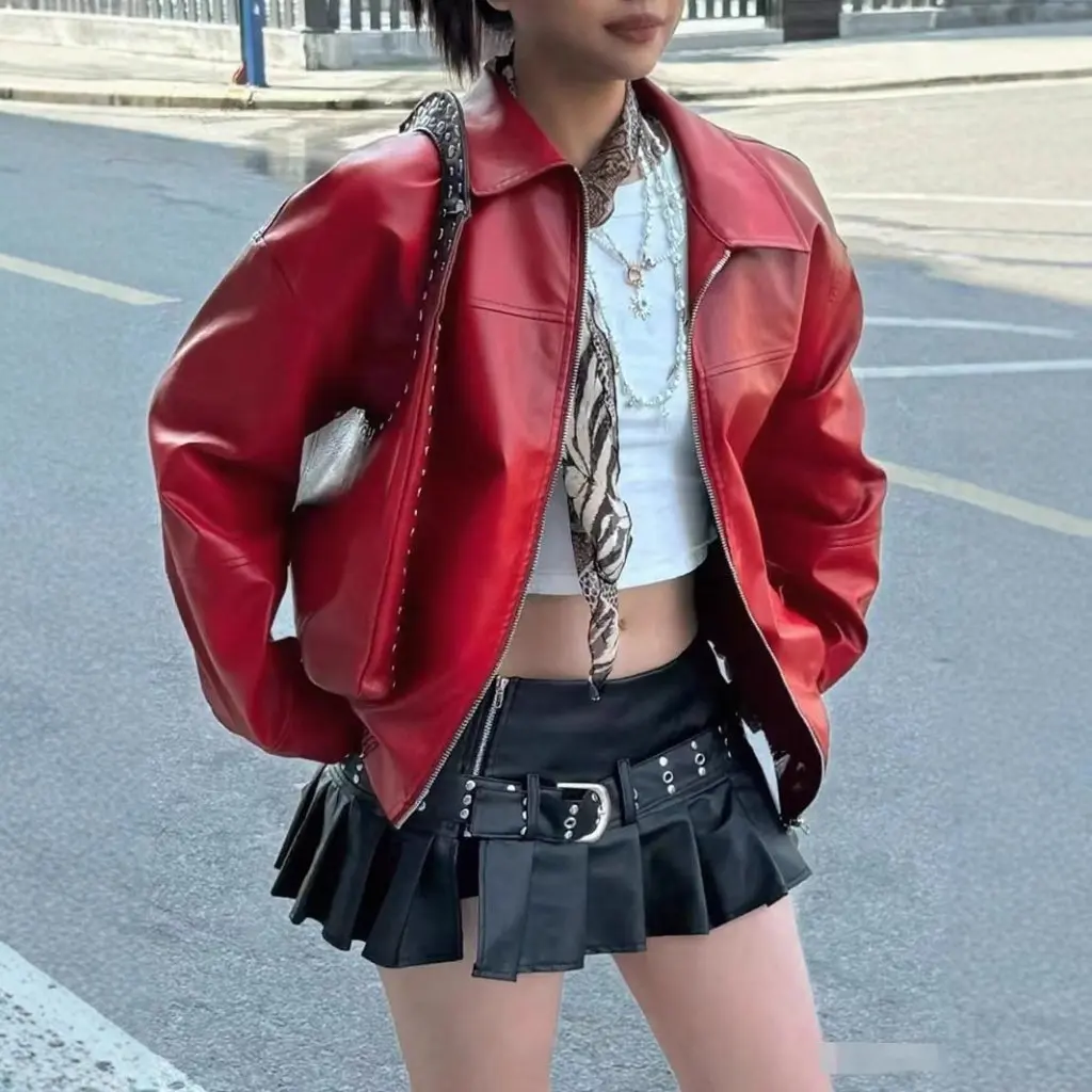 Ladies' Motorcycle Biker Jacket Large Size Red Vintage American Style Quality Leather Coat Regular Fit Women's Outerwear