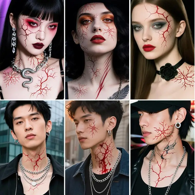 2 hojas de tatuaje temporal de Halloween, pegatinas faciales impermeables de sangre roja falsa, pegatinas para mano, brazo, espalda y cuerpo, calcomanías de maquillaje para Festival