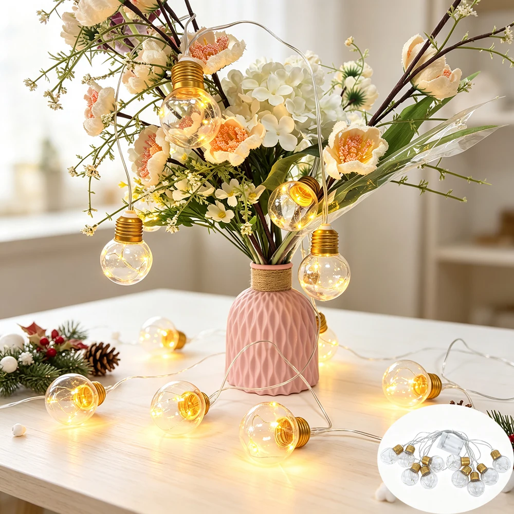 Copper Wire Bulbs String Lights, 10 Bulbs Garland Lights Battery Operated Hanging Lights Warm White Clear Round Ball LED Lights
