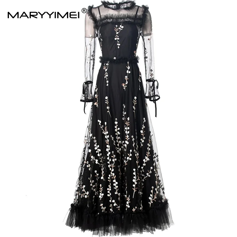 

MARYYIMEI Elegant Women Fashion Dress Fungus Long-Sleeve High waist Embroidery Design Evening Prom Dresses
