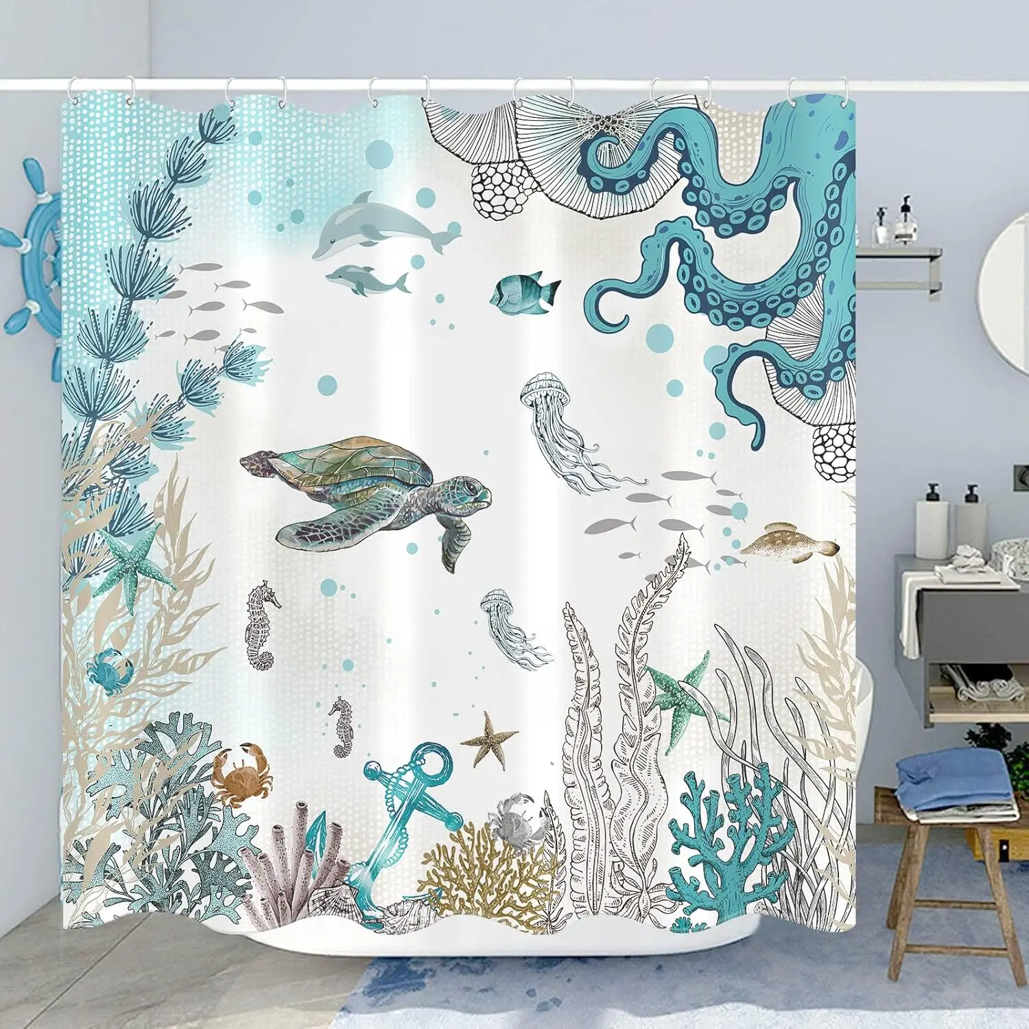 

Ocean Life Sea Turtle Octopus Fish Shower Curtain Underwater World Theme Decor Fish Ocean Animal Seashell Jellyfish Bath Curtain