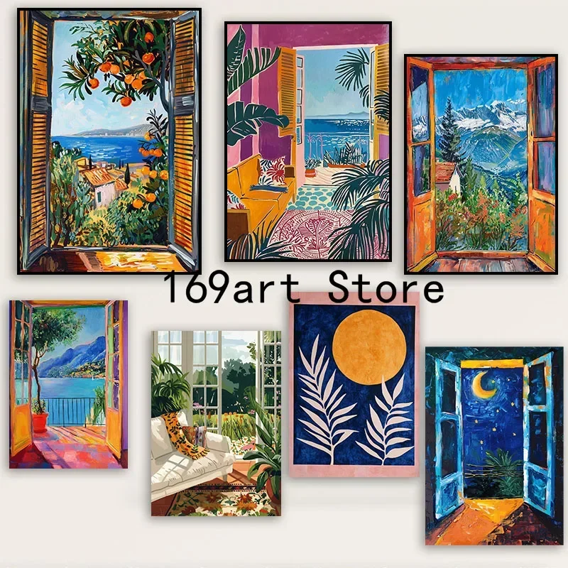 Ventana abierta vista costera estilo Henri Matisse mar naranja árbol arte póster lienzo pintura impresiones de pared imagen para habitación hogar Dec