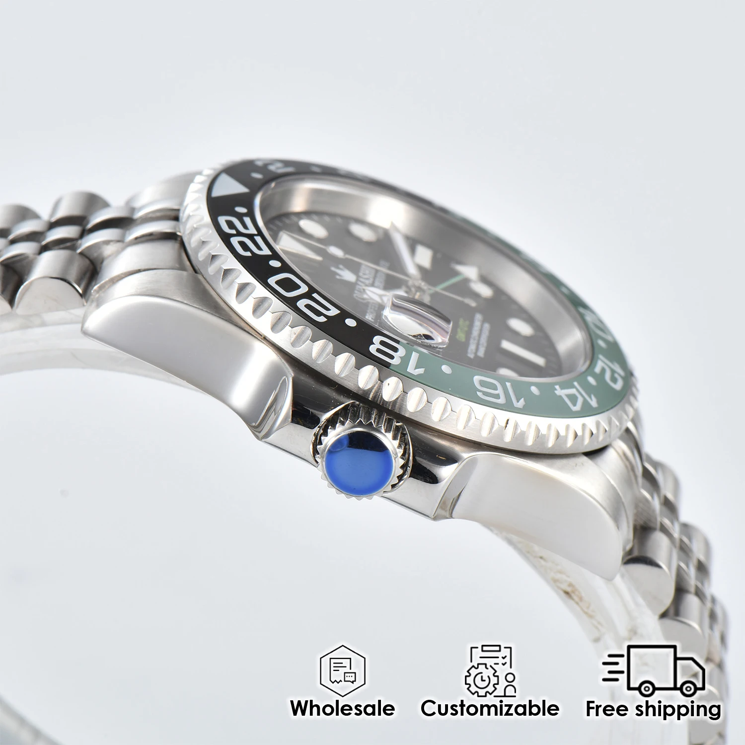 40 مللي متر ساعة اليد اليسرى للرجال الغواصة NH34 GMT منطقة زمنية متعددة مضيئة مقاوم للماء عادية موضة ساعة معصم قابلة للتخصيص