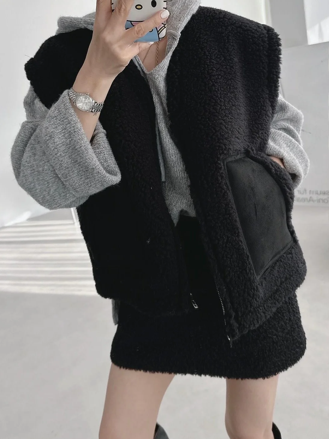 Women's Lamb Fur Vest ort Jaet Svel Two-Way Wear Cotton Coat with kets Autumn Winter New Sle Commute Sle