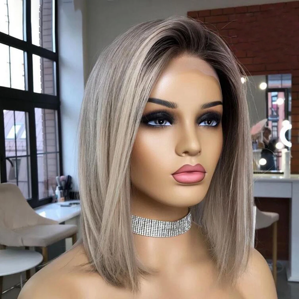 Soft Highlight Blonde 180Density Short Bob Straight Lace Front Wig For Black Women BabyHair Glueless Natural Hairline Preplucked