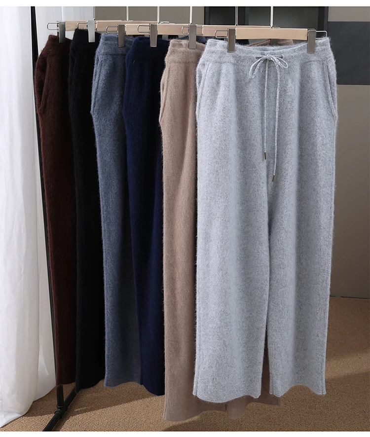 

New 100% mink wide-leg pants men's solid color sports knitted pants with pockets thickened thermal straight trousers