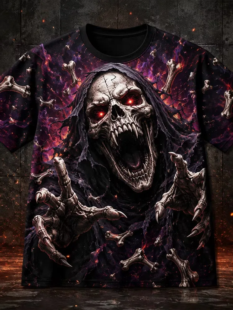 Vintage Halloween Skull Puzzle Pattern Men T‑Shirt 3D All Over Print Gothic Dark Style Short Sleeve Party Casual Tees