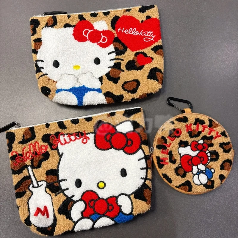 新しいハローキティヒョウ柄丸型ぬいぐるみ収納バッグ黒革キティ猫コイン財布化粧品旅行収納大容量バッグギフト