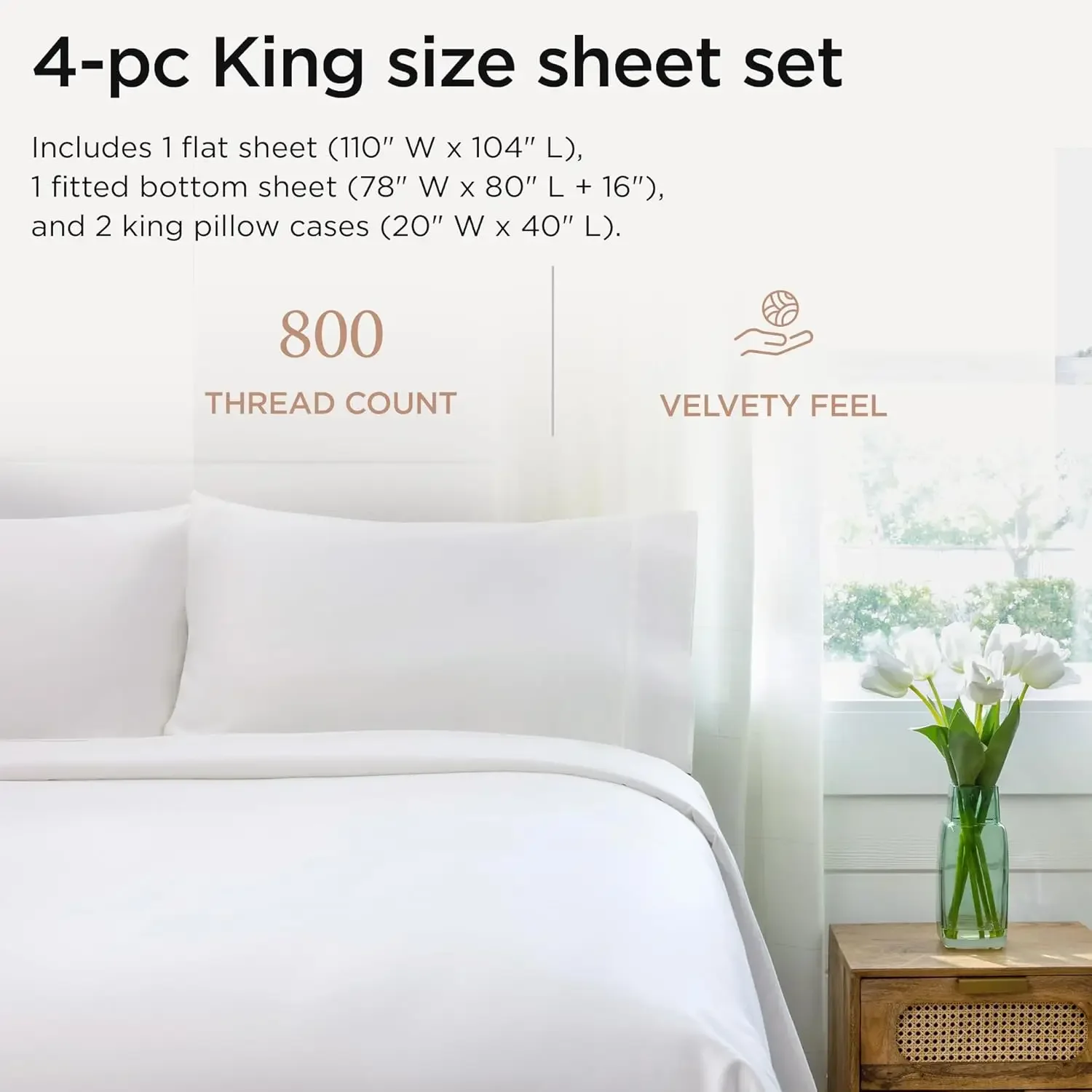 Luxury 800 Thread Count King 100% Cotton Sheets - Hotel White Sateen Weave Bed-Sheets, Better Than Egyptian Cotton, 4 Pc Solid S