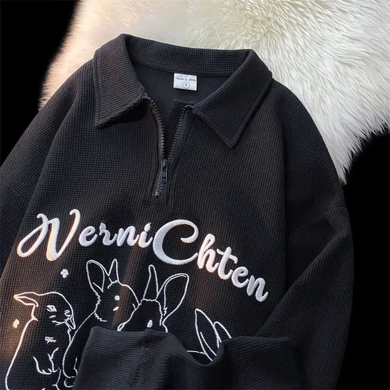 Waffle Polo Shirt Zipper Pullovers Cartoon Rabbit Embroidery Sweatshirt Women Long Sleeve Streetwear Autumn Japanese Fashion Top