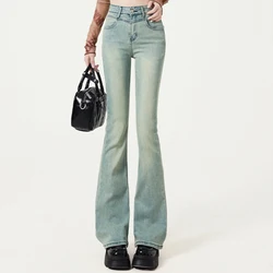 Woman American High Waist Y2k 2000s Flare Jeans Girls Harajuku Bell Bottom Pants Lady Fashion Designer Light Blue Denim Trousers