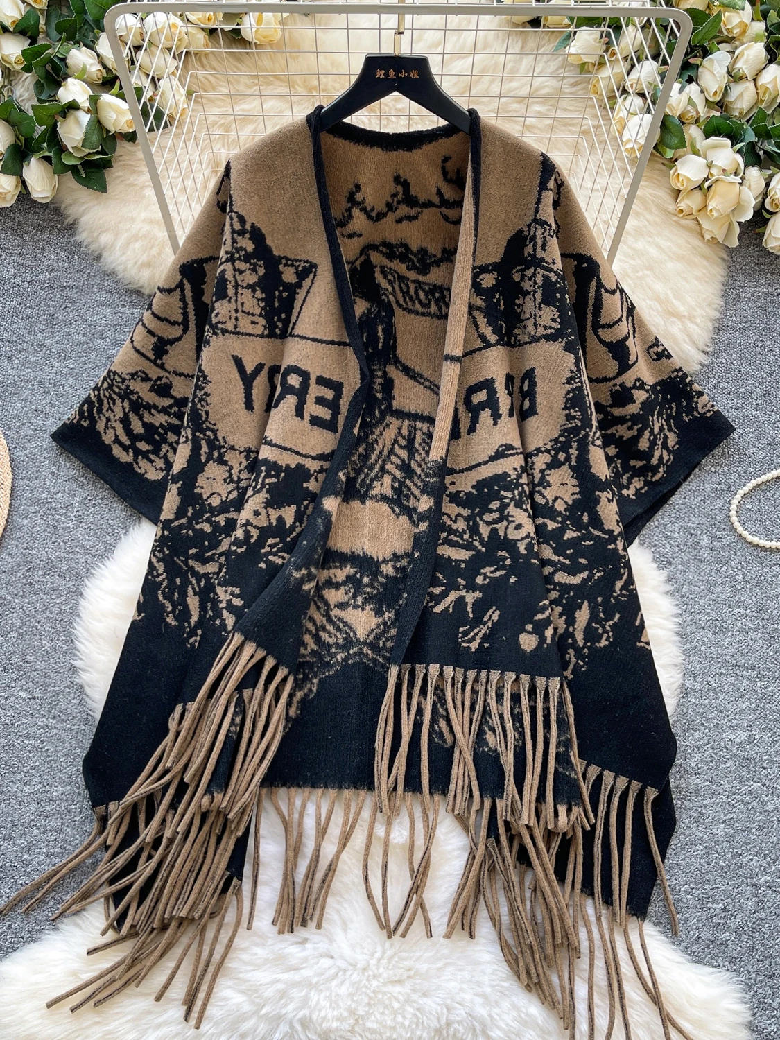 프리미엄 니트 오픈 가디건 여성용 루즈핏 패션 태슬 체크 무늬 랩 아우터웨어 가을 겨울 캐주얼 슬레 V넥 롱 슬...