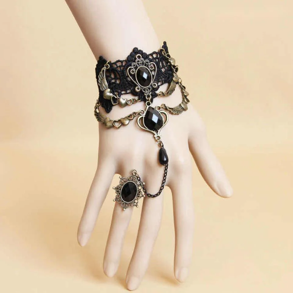 

Black Bracelet Ring One Gothic Lolita Lace Hand Accessory Jewelry Exaggerated Gemstone Hand Necklace Choker