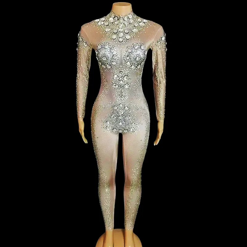 จั๊มสูทรัดรูปประดับเพชรระยิบระยับสำหรับผู้หญิงไนท์คลับนักร้องการแสดงบนเวทีเครื่องแต่งกายดีเจนักเต้นปาร์ตี้แสดงคริสตัลชุดรัดรูป