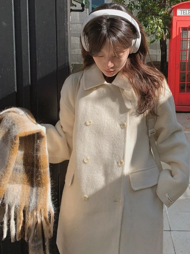 

Осенне-зимнее шерстяное пальто женское маленького размера в стиле ретро с отложным воротником и двойной пуговицей, фетровая верхняя одежда средней длины