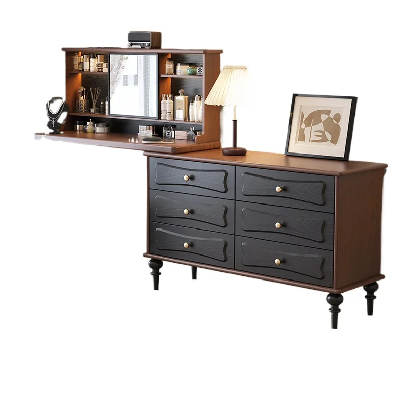 

American French retro small apartment bedroom chest dresser integrated retractable household corner black makeup table