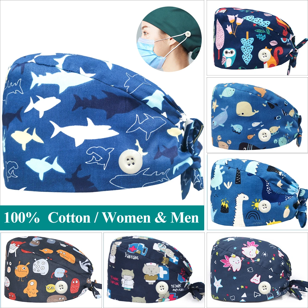 

Shark Navy Scrub Caps Medical Work Hat Nurse Accessories Women Men 100% Cotton Quality Inner Sweatband Surgical Nursing Cap M702