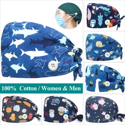 Shark Navy-gorros quirúrgicos de algodón 100% para hombre y mujer, gorro de trabajo médico, accesorios de enfermera, banda para el sudor interior, gorra de enfermería, M702