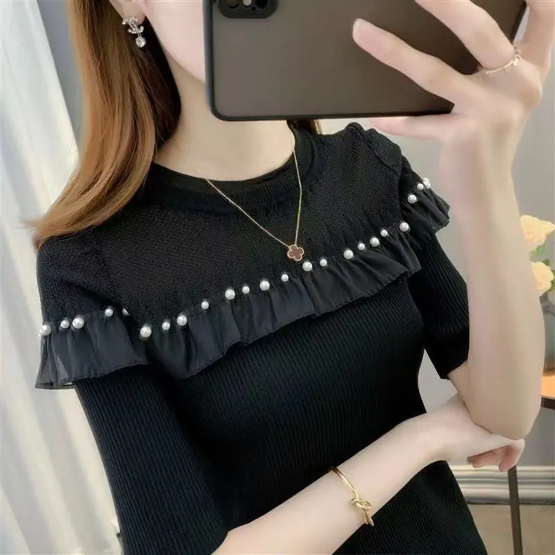 Elegant Solid Color Spliced Ruffles Beading Blouse Female Clothing 2023 Summer New Casual Pullovers Tops Loose Office Lady Shirt