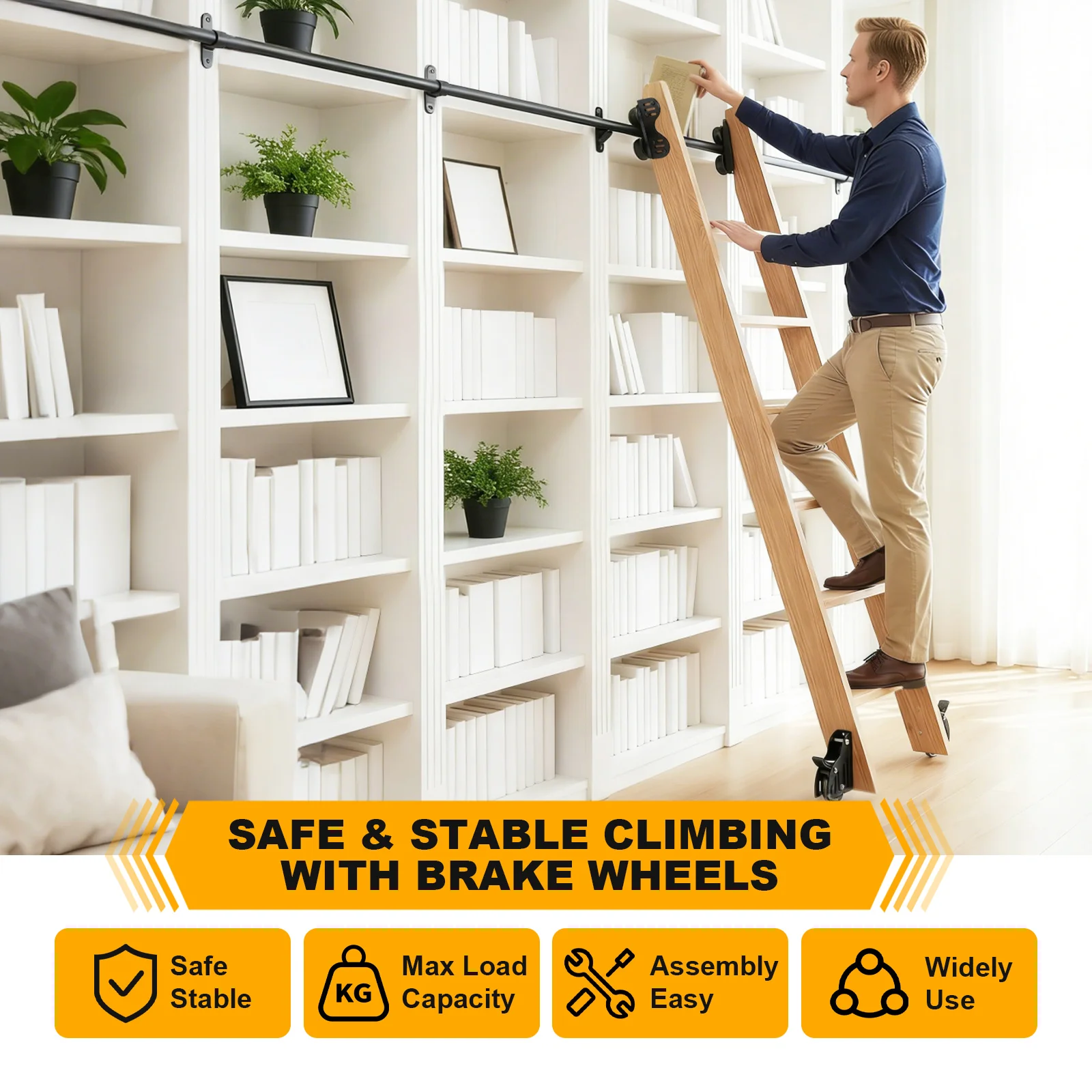 

20FT Rolling Library Ladder Hardware Kit with Braking Casters Telescopic Top Hook (No Ladder) Stand Up Black Rolling Library Hardware Indoor Moving Track Multi-use for Loft Stairs/Bookshelf