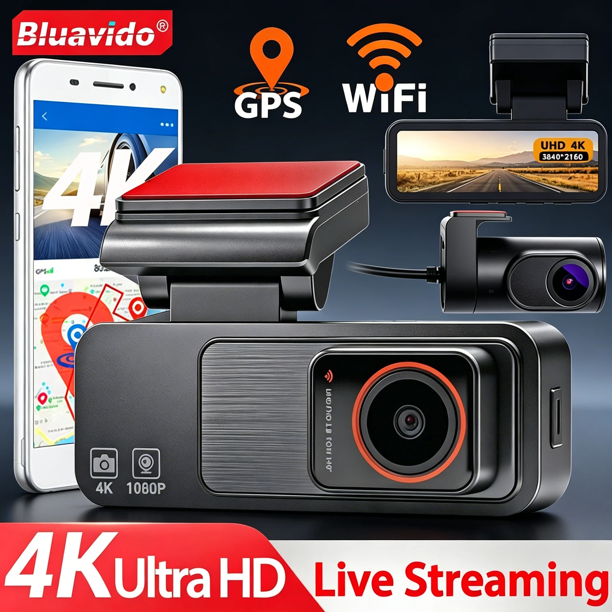 

4K Dash Cam Built-in GPS WiFi Front and Rear Supercapacitor 24H Parking Monitor Dual Lens 3.2"IPS 2160P Car Driving Recorder DVR