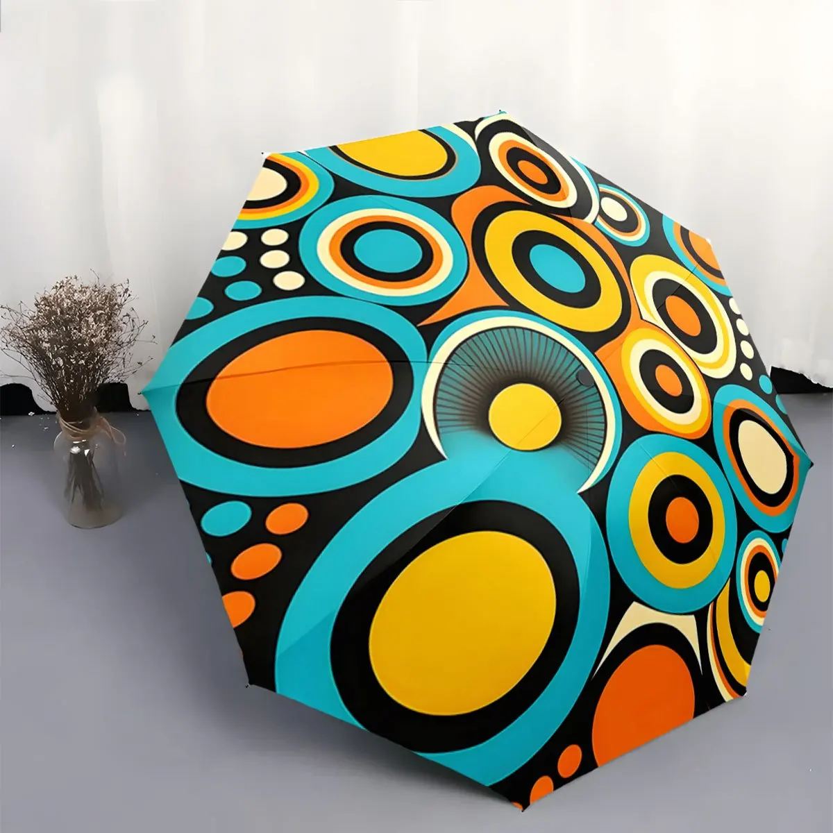 

Автоматический складной зонт с разноцветными концентрическими кругами. Портативная складная конструкция, повседневный аксессуар для активного отдыха, рождественский подарок.