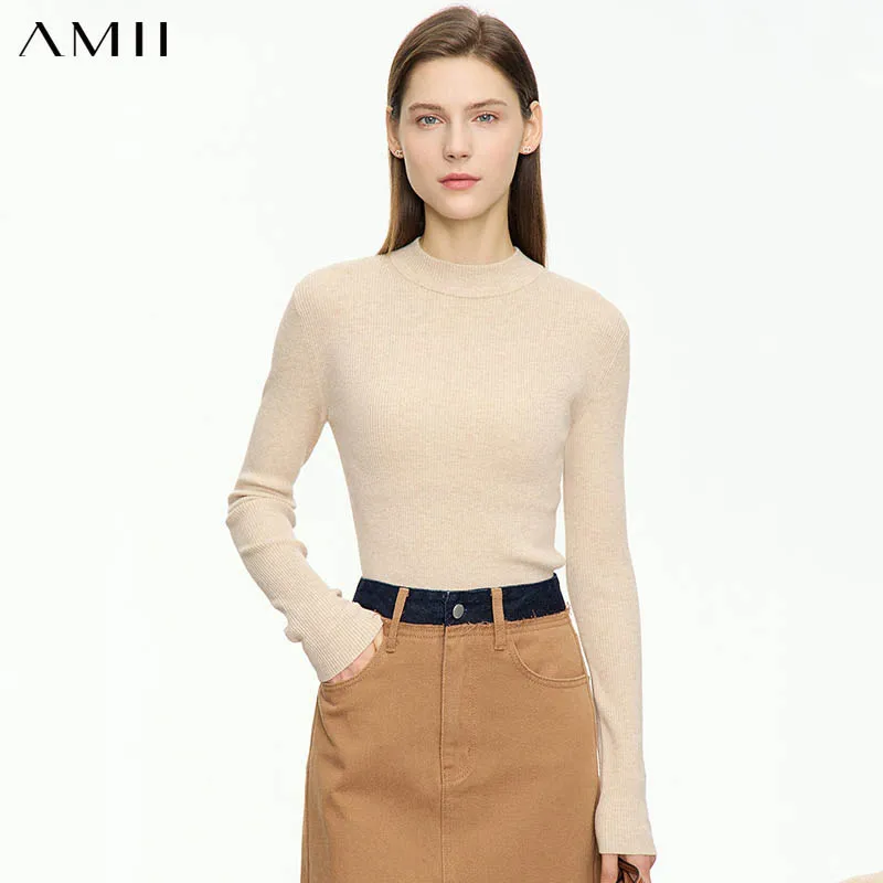 Amii Women's Mock Neck Knit Top Slim Fit Commuter Layering Minimalist Long Sleeve Pullover 2026 Autumn Sweaters 12613042