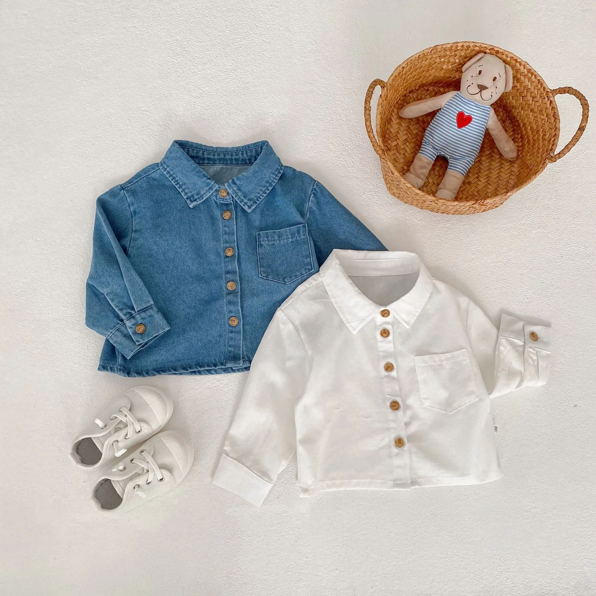 2026 Spring Baby Shirts Full Sleeve Girls Denim Blouse Fashion Boys White Shirt Toddler Base Clothes