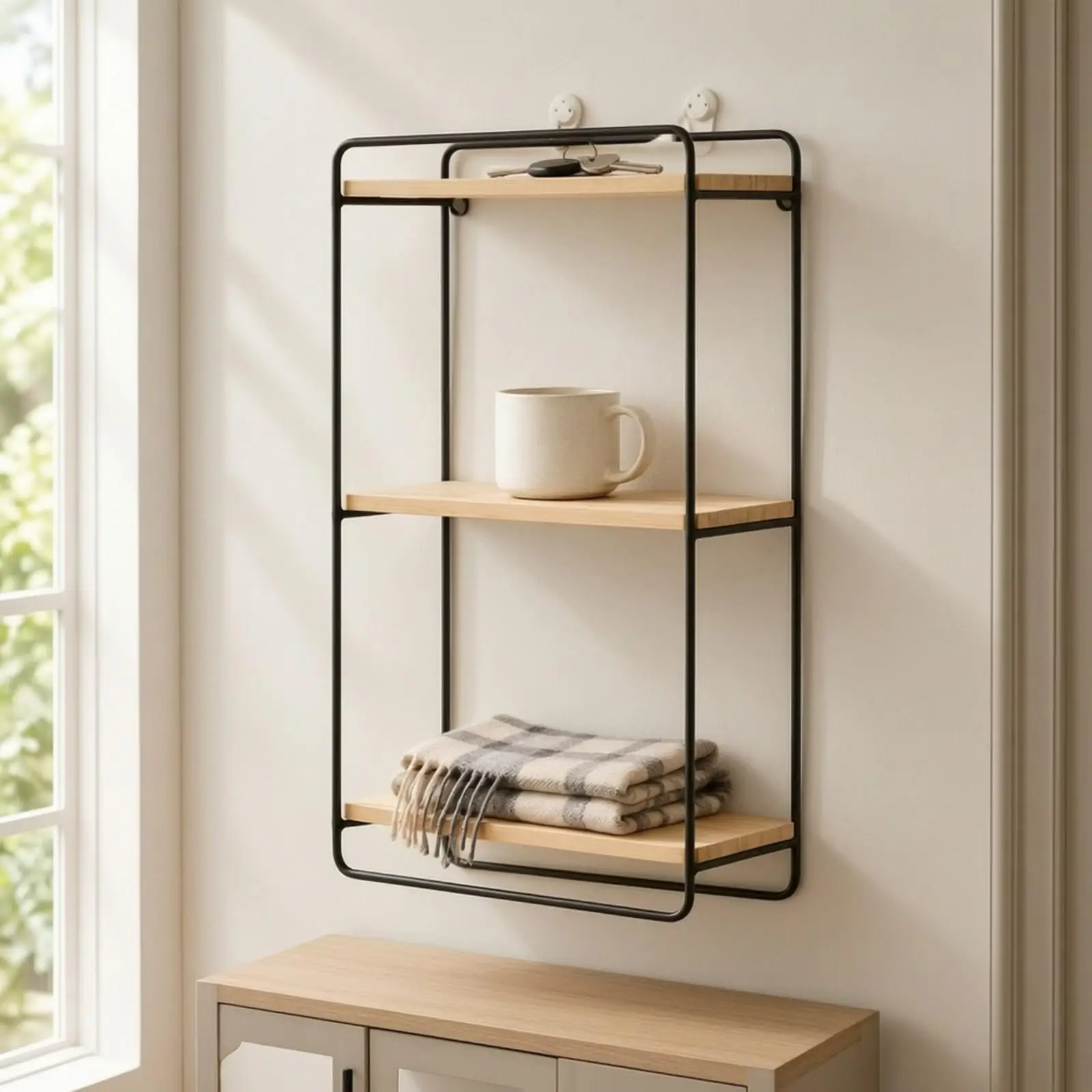 Three-Tier Wall Shelf Space-Saving Wooden Wall Mounted Storage Rack Three-Tier Shelf with Metal Frame Slim Narrow Profile