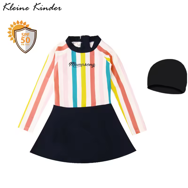 בגד ים עבור בנות קשת פסים ארוך שרוול Rashguard ילדים עקף בגדי ים 1-חתיכה UPF50 חוף שמלת רחצה חליפת ילדים