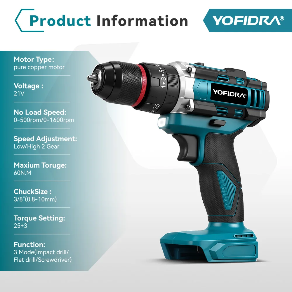 YOFIDRA 10MM 25+3 Torque Electric Impact Drill Cordless Screwdriver Drilling Handheld Power Tool For Makita 21V Battery Pin