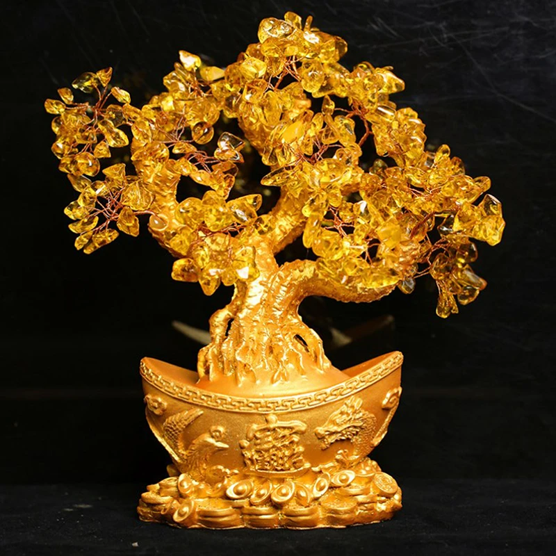 Lucky Money Tree Chinese Gold Ingot Crystal Fortune Tree Ornament Wealth Ornament Home Office Table Decoration Tabletop Crafts