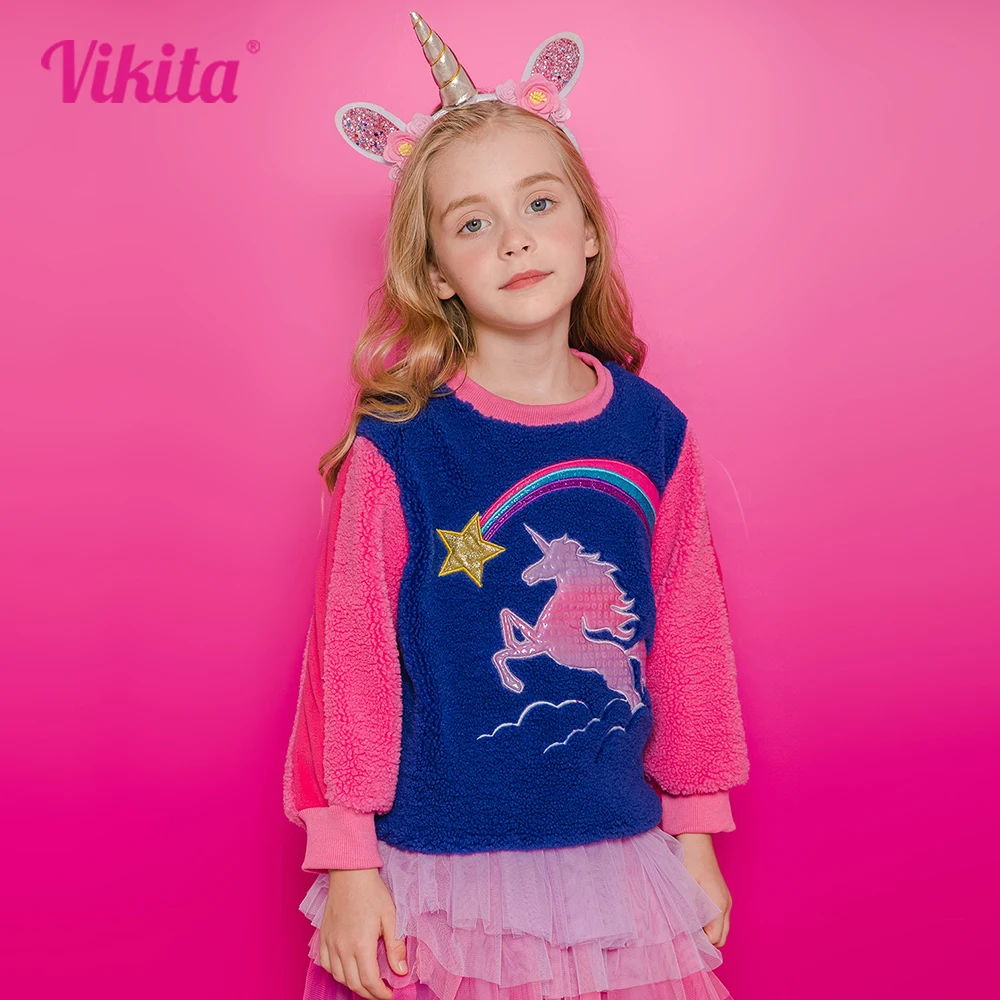 

VIKITA Girls Autumn Winter Fleece Pullover Sweatshirt Kids Unicorn Print Cartoon Outwear Kids Princess Sports Casual Sweatshirts