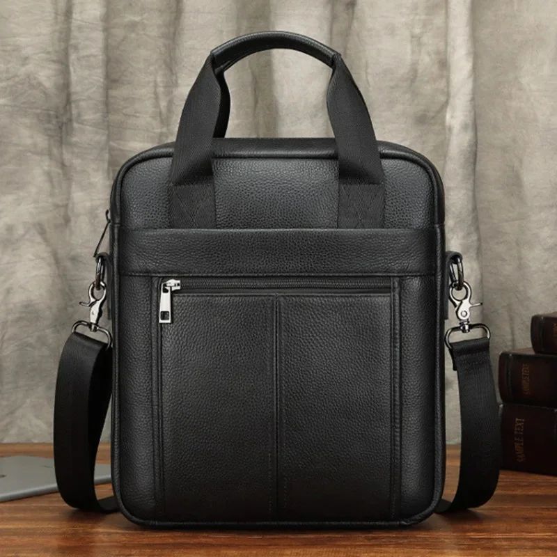 

Genuine Leather Vertical Men's Briefcase With Zipper Business Cowhide Handbag MultiFunction Male Shoulder Messenger Bag