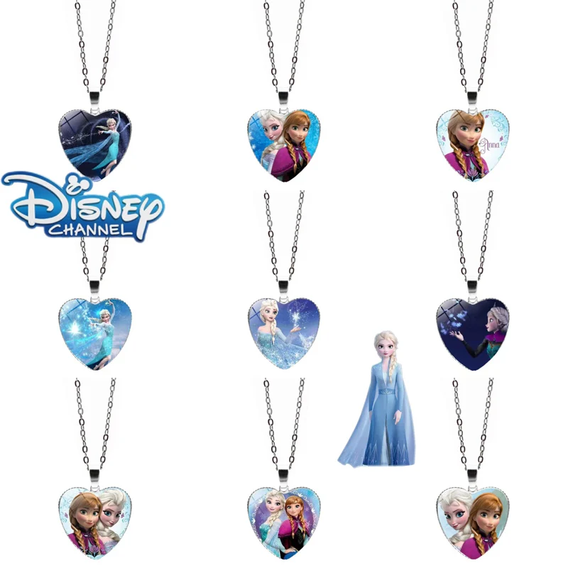 

Disney Frozen Princess Elsa Anna Time Gem Necklace Love Shape Pendant Sweater Chain Necklaces Jewelry Accessories for Children